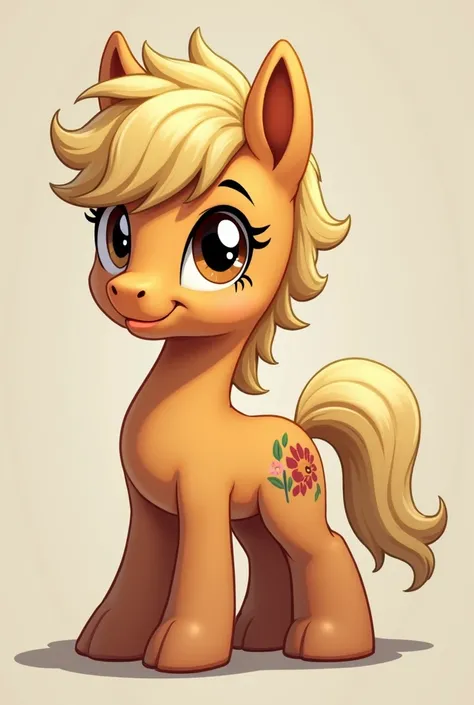 Create a 2D My Little Pony-style male horse, facing the camera directly. His body should be beige, with short to medium-length blonde hair styled in a layered, wavy wolf cut. The mane should have uneven layers, slightly messy, and frame his face naturally,...