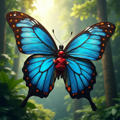 realistic front shot of a colossal giant Morpho Blue butterfly flying with a baby dressed in a red costume,  he is riding on the back of the colossal butterfly that is flying over a sunlit rainforest.
