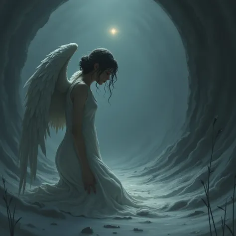 I want to create an angel with a broken wing that is walking towards a dark tunnel in which a bright white light shines, the shades of this image are to be blue and gray.