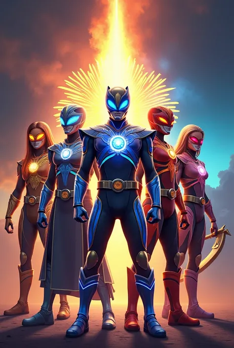 "Create a vibrant and modern concept art image of Indian young warriors inspired by Power Rangers, featuring five diverse celestial warriors. Each warrior wears sleek, futuristic armor that represents a unique celestial element: fire, water, earth, air, an...