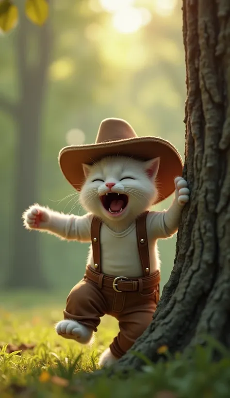 In cinematic 3D style, HD image ,realistic image ,colourful image.
Character, white baby cat wearing cowboy hat and white t-shirt and brown jeans,cowboy full dress feel.
Action,There is a forest. There is a very big tree in the forest. The white baby cat i...