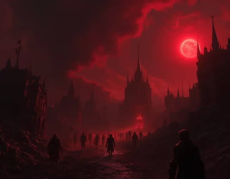 fantasy, castlevania, destroyed town, black sky, black clouds, dark, black smoke, hazy sky, rubble, zombies, scary, medieval town, red beam of light through clouds, red sun ray, red godray,