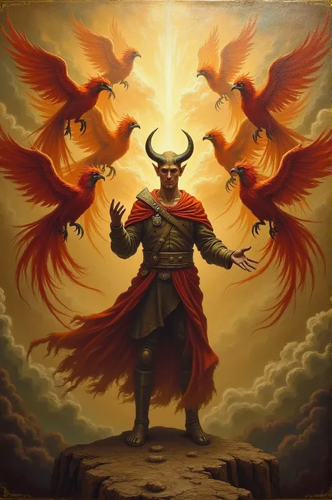 An old painting where a man with horns stands with his hand outstretched and at his side fourteen phoenixes falling from the sky 