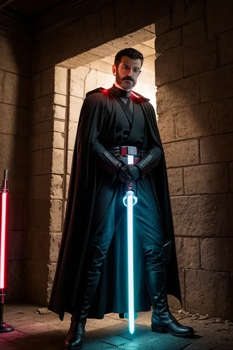 A dark jedi investigating the ribs of an abandoned fortress for evidence of who attacked it and how the defenses were overcome, dressed in shiny red armor with black trim, black boots and black gloves, red cloak, red lightsaber drawn and ignited to illumin...