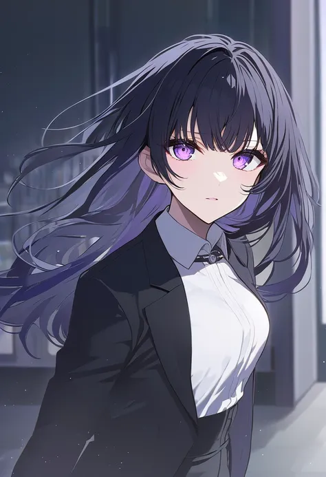 Female + black hair + purple eyes + black blazer + white dress shirt + black dress pants + solo + office background