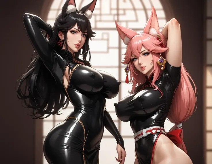 masterpiece,best quality,amazing quality,Big Breasts , Wide hips, huge butt , sensual woman , Mature Women , maternal, Full, full lips, Thick lips, to show off your career ，sideways，belt， huge nipple bulge ，Animal ears, Animal ears绒毛, long hair, , fox ears...