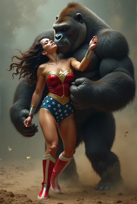 gorilla crushing wonder woman in a  lifted bearhug