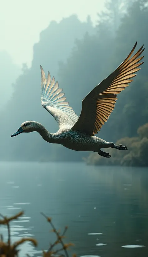  A duck-snake hybrid with a sharp beak,  shiny scales and huge wings , flying over a misty river .