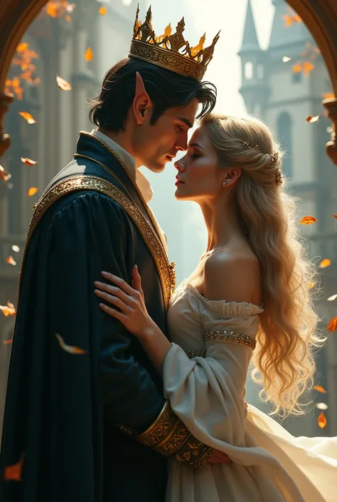 
 Romantic couple , He is tall. White.  black hair.  Blue Eyes.  pointy ears ., with king&#39;s crown , strong., She is smaller . also white. human.  blond hair. , Scenario Castel ,  leaves flying around the couple.,  looking at the camera, Movie poster st...