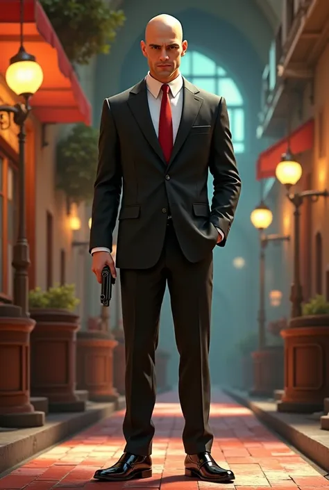 Agent 47 with black shoes in pixar style 