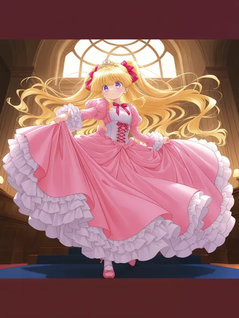 general,highres, ultra-detailed,very aesthetic,best quality ,best hands,  BREAK Ayumi_GF, 1girl,solo, long hair,Big eyes,
A cute Princess,, ((hot pink Silk Satin Victorian big Ball Gown Dress.:1.0)),Ten years old young girl,baby face,short tall,long sleeve...