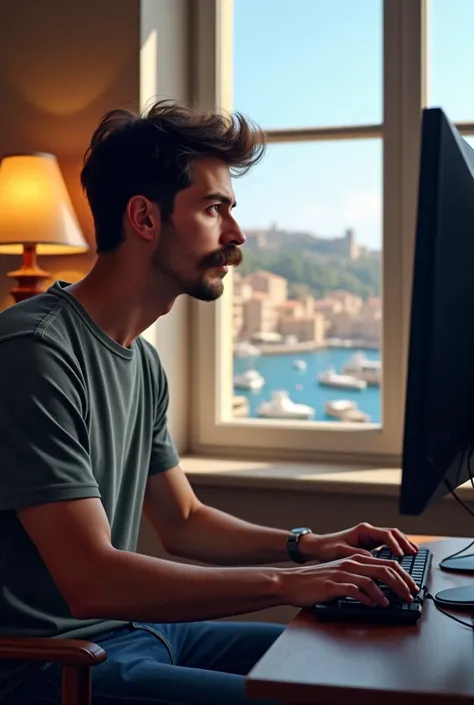 Un gamer de 22 ans moustachu en train de jouer à cs go avec paysage du vieux port de Marseille par la fenêtre