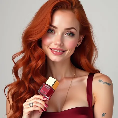 Canyaman 28-year-old woman , natural redhead, rosto square,  extremely long red wavy hair ,  textured white skin ,  Natural makeup , marked contour , natural voluminous lips , Perfect eyelashes,  slanted natural light green eyes , smiling, tattoos,  Wearin...