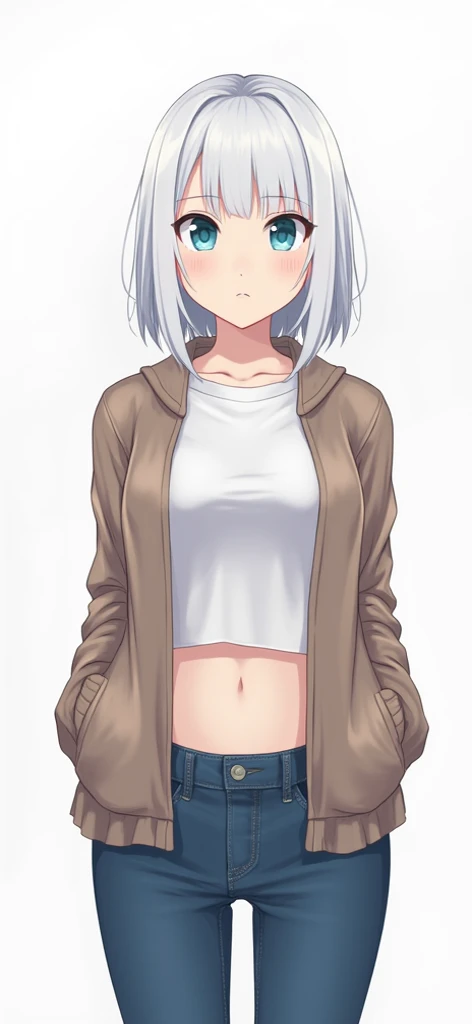 1 girl,  white hair,  Blue Eyes, flat chest,  Wide Hips, casual clothes, white shirt,  brown jacket ,  jeans,  bored expression , alone,  best quality,  masterpiece , portrait,  simple background ,  LOOKING AT THE CAMERA ,  front view, detailed,  perfect a...