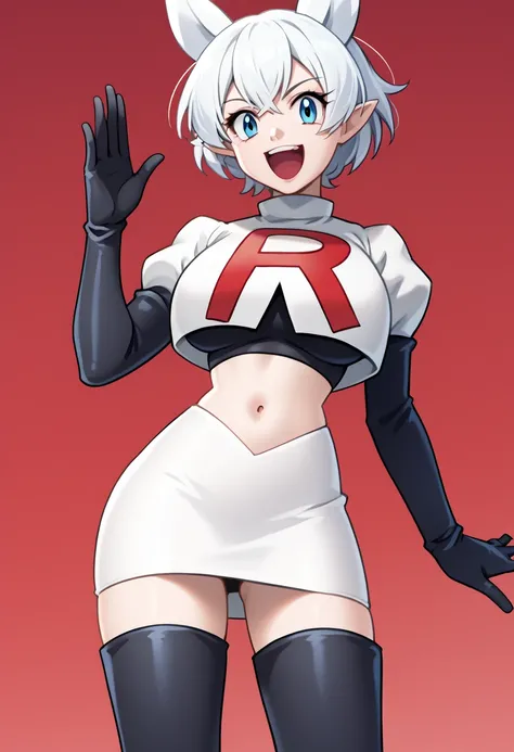 score_9, score_8_up, score_7_up, source_anime, solo, 1girl, lv2fenrys, happy, looking at viewer, open mouth, white hair, animal ears, pointy ears, team rocket,team rocket uniform,white skirt,red letter R,crop top,black thigh-highs,black elbow gloves, large...