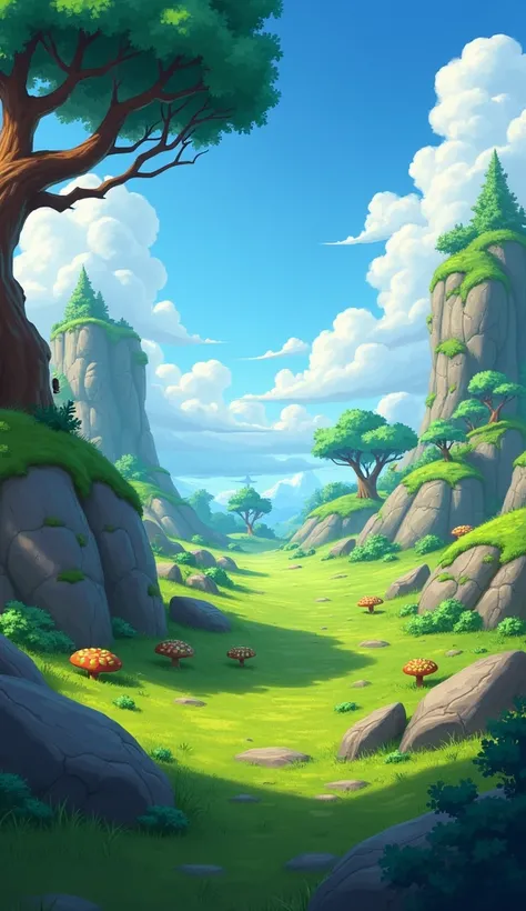 warcraft landscape, Hearthstone style, cartoon, magic,field,rocks,few trees, no mountains