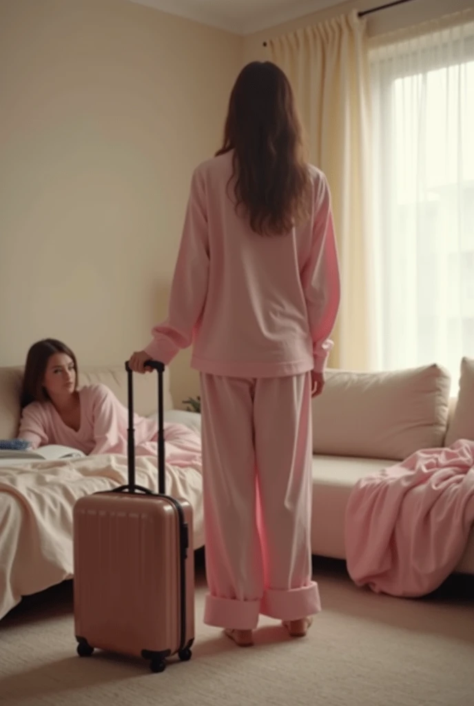 there is a woman standing in a living room with a suitcase, a pastel by Alexander Brook, reddit, happening, wearing a baggy pajamas, low quality footage, zoomed out full body, wearing pajamas, 2  female model, pink clothes, blurry footage, sitting on the b...