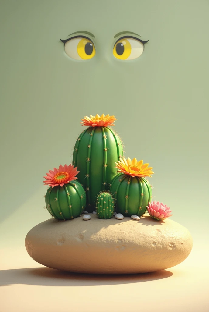 Flat beige stone with shadow underneath with yellow eyes with round green cacti with flowers on top of the stone