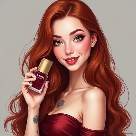 Canyaman 28-year-old woman , natural redhead, rosto square,  extremely long red wavy hair ,  textured white skin ,  Natural makeup , marked contour , natural voluminous lips , Perfect eyelashes,  slanted natural light green eyes , smiling, tattoos,  Wearin...