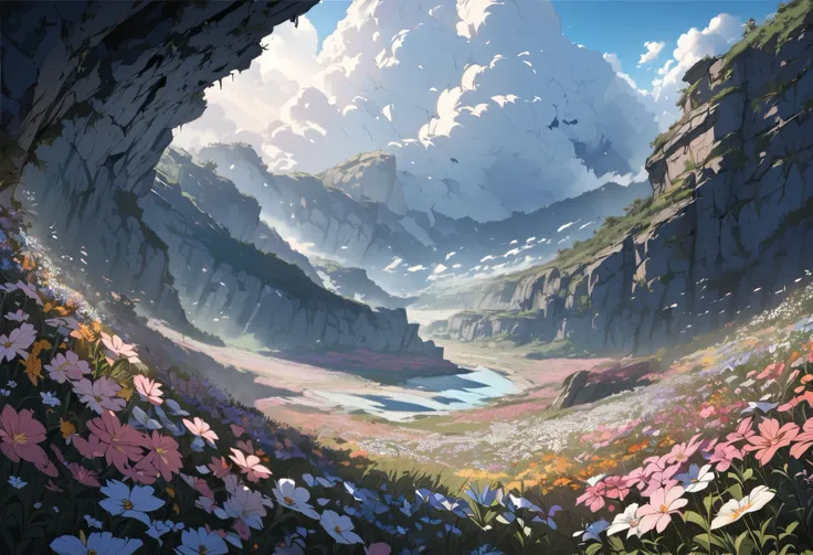  Flower field that spreads out below a rift in the earth , Small ruins in the back , Matte painting by Tom Weinerstrand, shutterstock, Romanticism, 並外れてカラフルな Scenery,Light shining into the ground 、 Blue sky looking up from a rift 、cloud、 Scenery、 Lots of s...