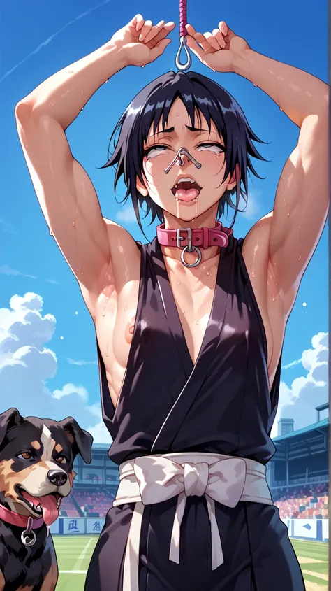 a picture, inspired by Kentaro Miura, trending on pixiv, soifon from bleach, black uniform, favorite scene, fine details, skins, sweating, small breasts, both hands raised, armpits, (small head),armpits visible, dripping with sweat, more more sweat, ((Japa...