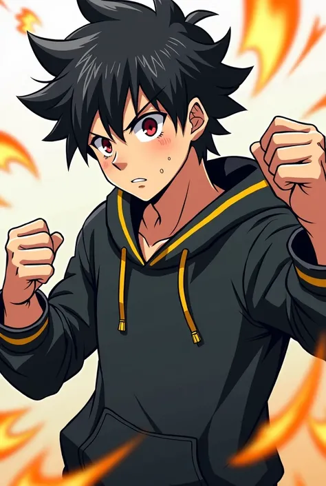 And Artemamen An anime version boy with spiky black hair and dressed in a black sweatshirt with yellow stripes on the edge of his clothes and you have yellow in the fighting position 