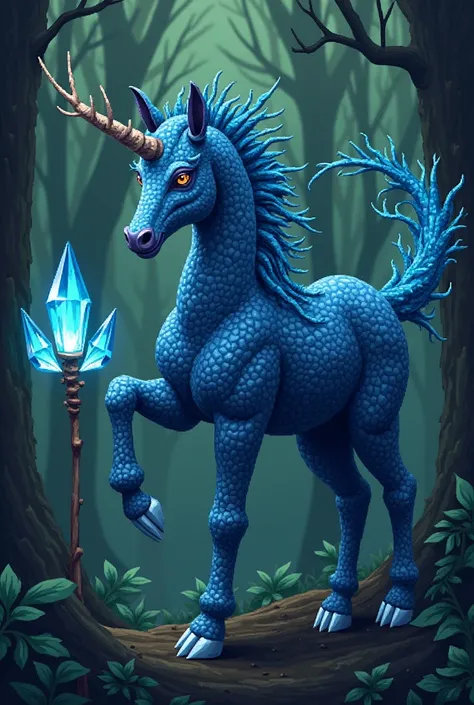 Pixel art ,  BLUE CRYSTAL CENTAUR MADE OF BRANCHES WITH A BLUE CRYSTAL SICKLE-TIPPED CLAW MADE OF BRANCHES IN THE LEFT HAND  ,  HAIR MADE OF BRANCHES  , , DARK CENTAUR  ,  DARK GREEN FOREST  , dark green
