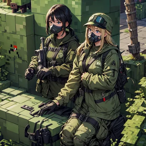  Minecraft Style，Three female soldiers、Gas Mask、Goggles、Wearing M-51 military windbreaker