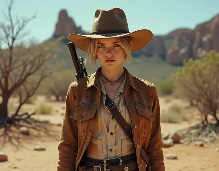 Ultra-realistic black and white photo of an enigmatic young female gunman with delicate yet masculine features, short hair hidden under her hat. Wearing an old rawhide cowboy jacket with intricate embroidery, rustic leather hat, holding an old double-barre...