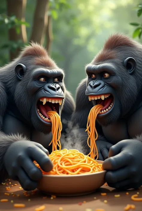 Many gorillas are eating noodles,Smiling, they seem strong 