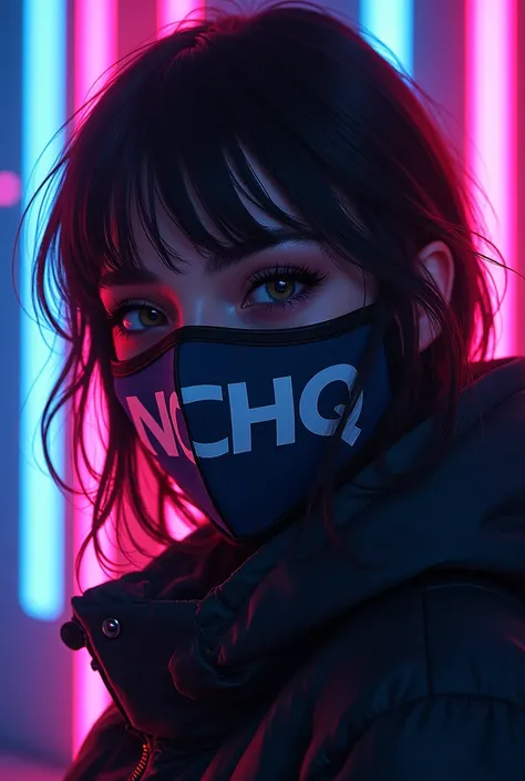 masked girl with NCHQ logo and neon background