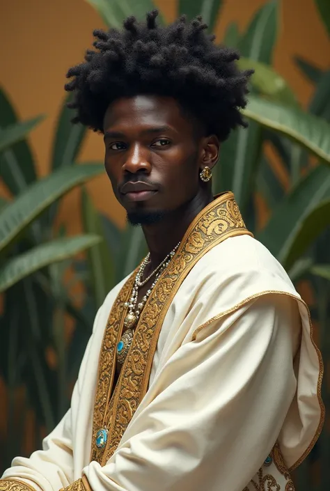 black skinned man,afro braid hair,Princes white clothes