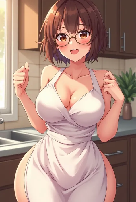 Make a cute anime-type milf , with an apron, chubby, with short brown hair,  herself wearing glasses,  for nothing under her apron with a sweet look, big breasts,  with no clothes under her apron  