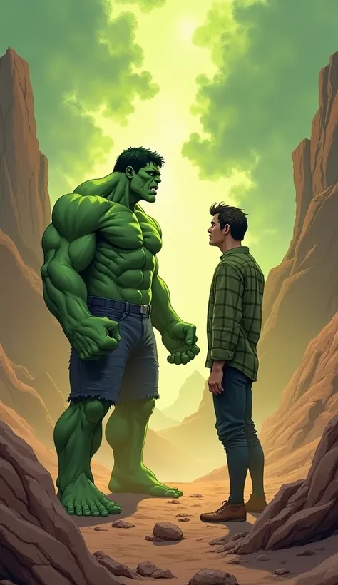 Create an illustration where the character Hulk is fighting Bruce Banner. They are standing facing each other, with a dreamlike feeling around them, as if their souls are trying to escape from their bodies. The scene is a desert like the Grand Canyon.