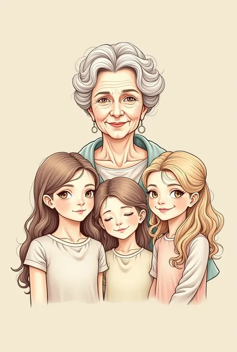 Vector line image of a grandmother and 3 granddaughters, Where only the granddaughters heads appear