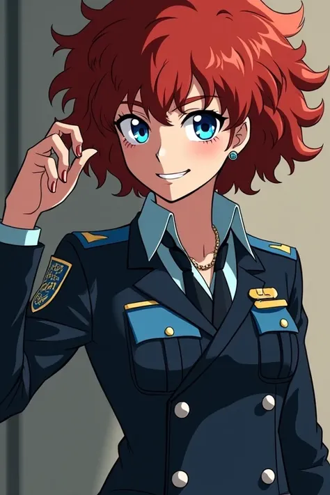 Screenshot My hero Academia young woman with short red curly hair very attractive blue eyes , pretty, beautiful,  Divina Miradanseria with a psychopathic smile dressed up police herself holding a chain full body study bonds