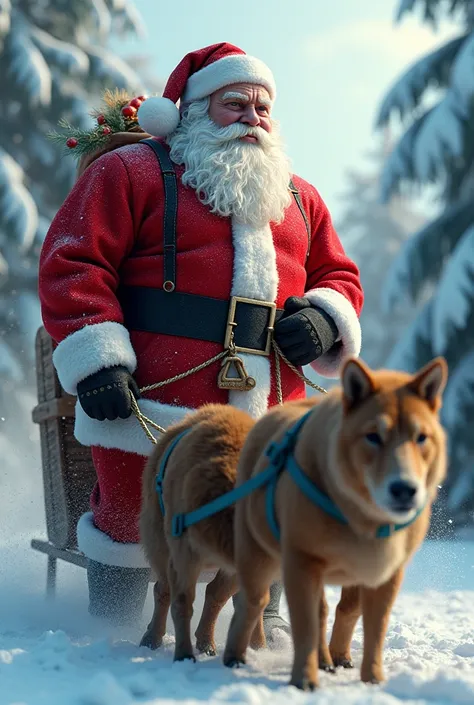 A hyperrealistic humanoid (GIANT) with the head of (SANTA CLAUS) with (CHRISTMAS BEAN, IN REALISTIC CHRISTMAS CLOTHES, RIDING A SLED WITH PITBULLS CARRYING IT). 4K HDR with lots of details. The humanoid is extremely muscular and strong. Volumetric Light, R...