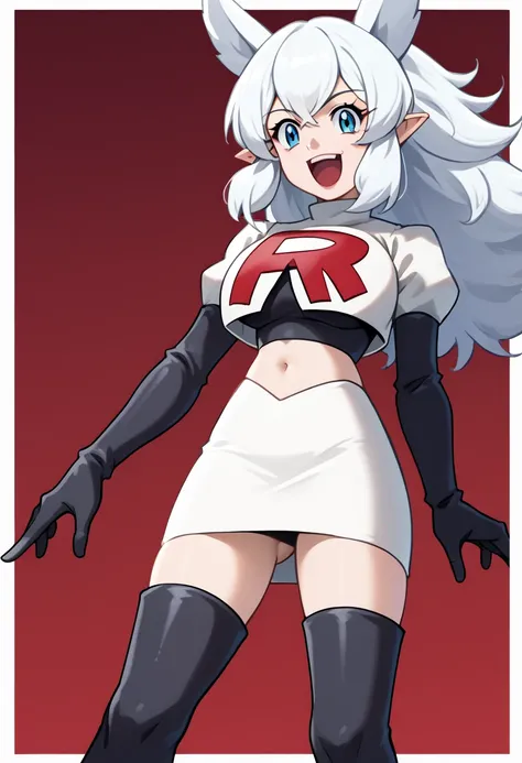 score_9, score_8_up, score_7_up, source_anime, solo, 1girl, lv2fenrys, happy, looking at viewer, open mouth, white hair, large hair, animal ears, pointy ears, team rocket,team rocket uniform,white skirt,red letter R,crop top,black thigh-highs,black elbow g...