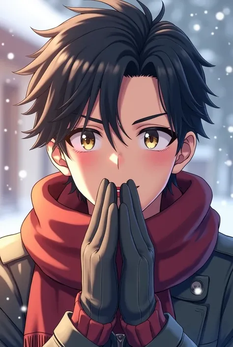 Close up anime ikemen wearing winter clothes blowing his hands