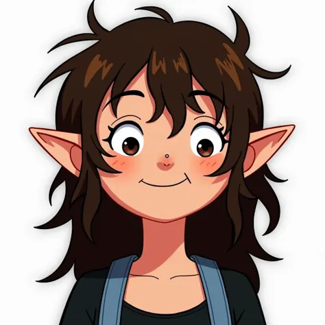 Cartoon Network Adventure Time style character, close-up of face from neck up, tall female with shaggy dark brown hair and bangs, subtle elf-like ears, small silver septum piercing, dark brown eyes, smiling and neutral expressions side by side, denim overa...