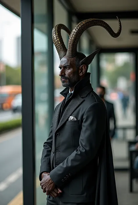  As an expert in creating vivid and surreal images ,  describes in detail the scene of a Baphomet dressed in an elegant costume ,  waiting patiently at a bus stop in Mexico City, ,  right in front of the emblematic National Auditorium .

 Instructions :
. ...