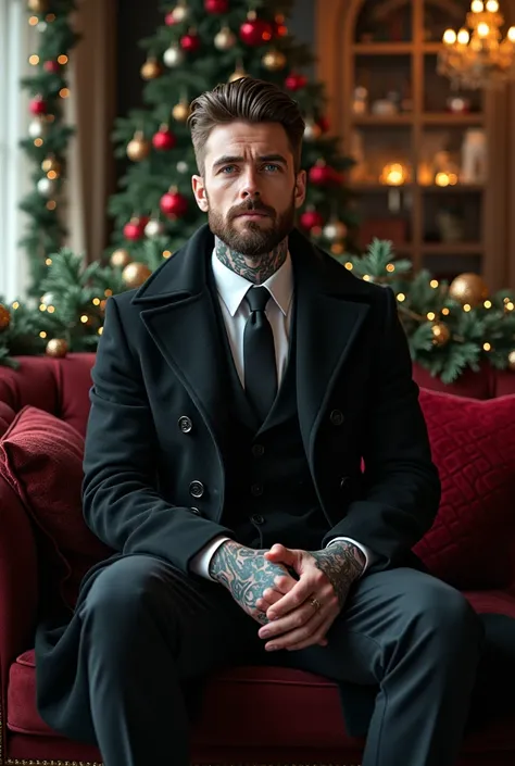 31 year old man blue eyes brown hair tattoos trimmed beard clothing dress coat and tie and a long black coat sitting on a couch in a decorated Christmas room 