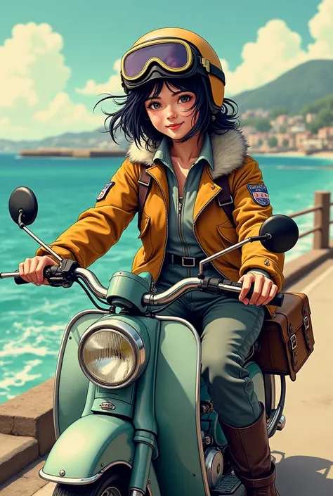 1 Japanese beauty ,  high definition ,  smiles, Messy black hair, shortcuts,  ride fishing tackle on a moped　 helmet 　Vintage goggles 　 flight jacket 　Thermal pants　 boots　sea　Breakwater　 pop art