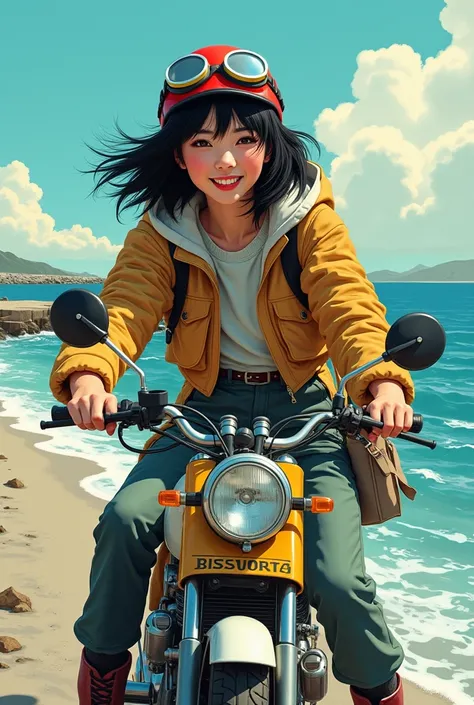 1 Japanese beauty ,  high definition ,  smiles, Messy black hair, shortcuts,  ride fishing tackle on a moped　 helmet 　Vintage goggles 　 flight jacket 　Thermal pants　 boots　sea　Breakwater　 pop art