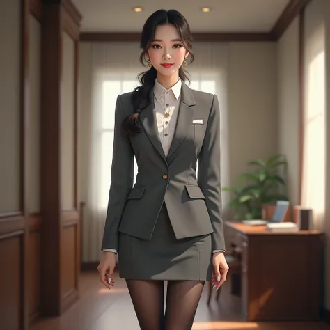 (Actual picture 1 .5), (( best quality)), ((masterpiece)), ( Detailed ) Woman 1( beautiful face( Traditional Korean Elegant Hair, Side hair tied back ),Grey Ladies Suit (white shirt,  Black Stockings ,earring,necklace),,18 years old,High school student,  K...