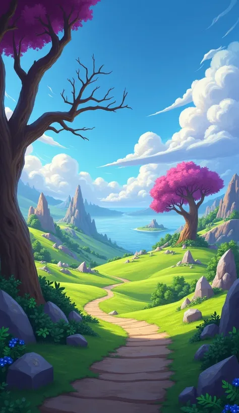 warcraft landscape, Hearthstone art style, cartoon, magic,field,flat relief,rocks,few trees, no mountains