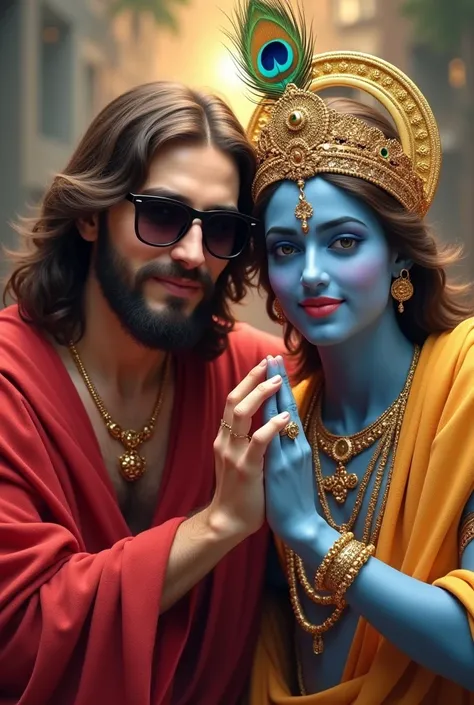 Lord Jesus wearing red cloth and sunglasses  jesusdoes not  wear jewelry items taking selfie with Lord Krishna with no beard or mustache   blue skinned  wearing sun glasses , gold cloth  ,some gold jewellery and a crown having peacock feather on his crown ...