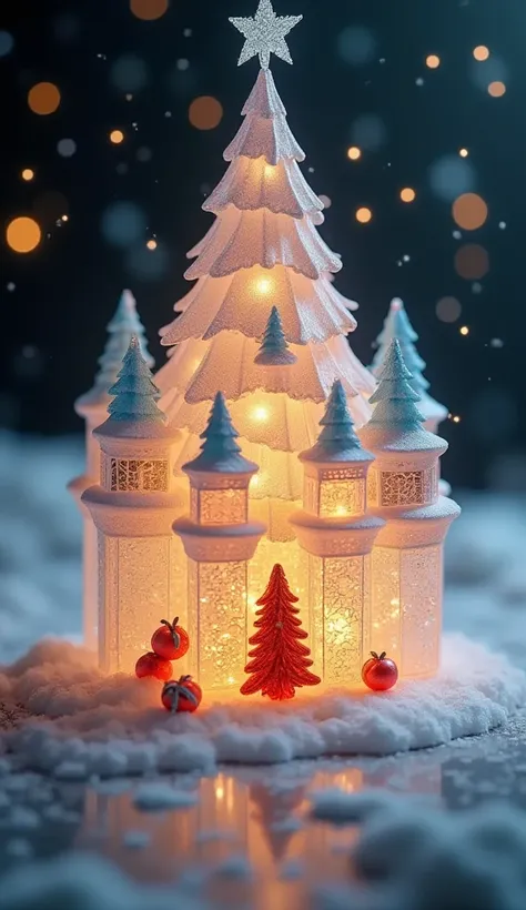  a realistic close-up photo of a handmade Christmas pop-up card， are made entirely of carefully cut and folded paper or cardstock . The card opens ,  revealed a carefully crafted 3D scene made of layered paper :  A magnificent ice and snow castle , is surr...