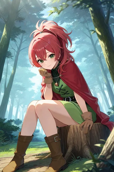 Anime art of an adult woman with red hair in a ponytail. She has green eyes and is wearing studded leather armor, brown gloves, and a red cape. She has a green tunic skirt and brown boots. She is holding a locket in her hand and looking at it with a kind s...