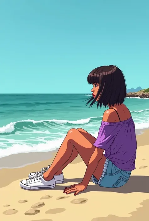 illustration style GTA San Andreas of a Caucasian girl with short Chanel hair and fringe, she wears a purple blouse and short shorts light jeans and Allstar sneakers , She is sitting on the beach in Los Santos looking to the sealooking out to sea